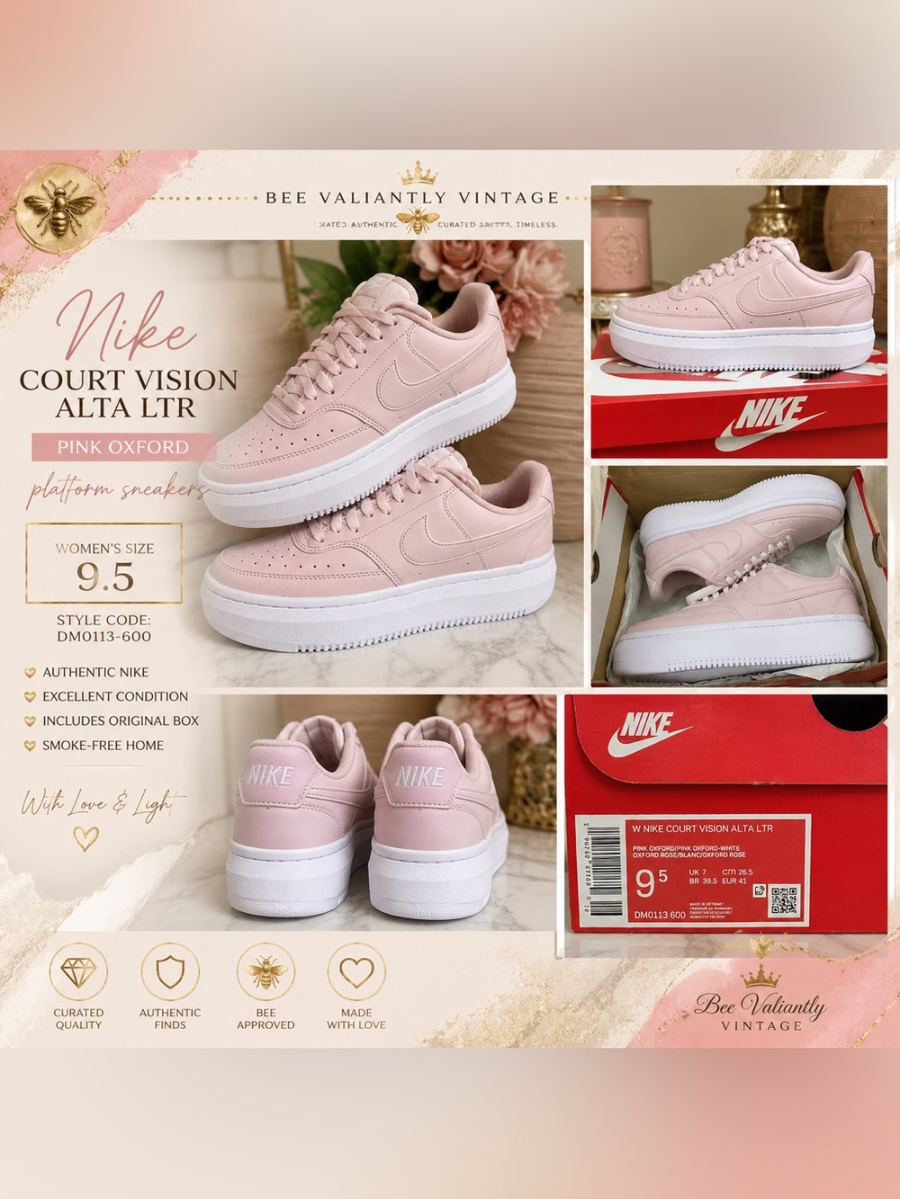 Nike Court Vision Alta LTR Pink Oxford Platform Sneakers Women’s 9.5 DM0113-600